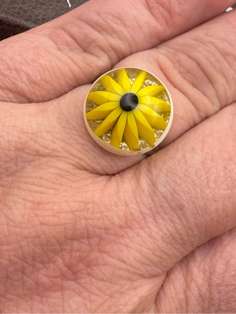 Vintage 60s 70s Yellow Flower Cabochon Upcycled Adjustable Ring